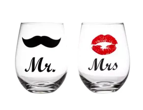 Mr & Mrs Two Clear Stemless Wine Glasses