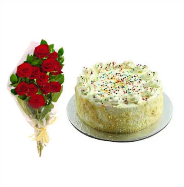 Vanilla Cake with 12 Red Roses