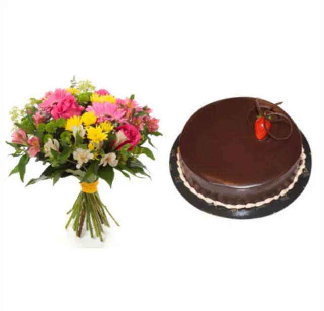 Chocolate Cake with Bunch of Mixed Flowers