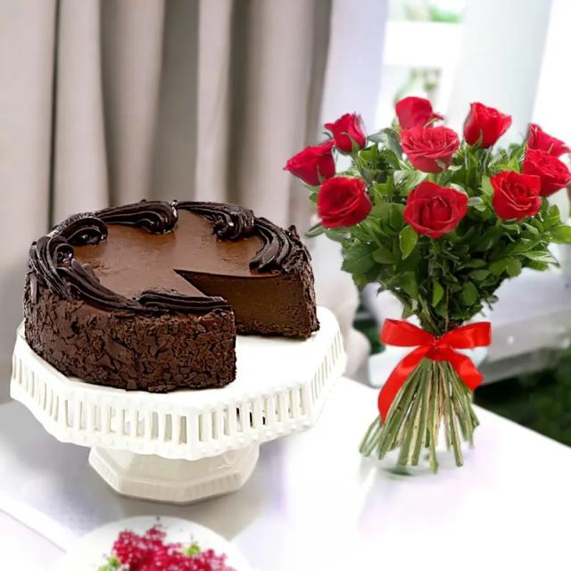 Chocolate Cake & Red Roses Combo