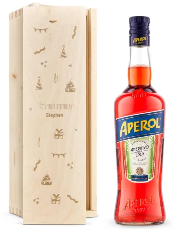 Personalised liqueur gift - Aperol - Engraved wooden case