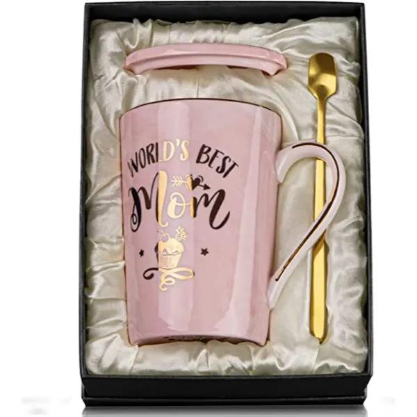Ceramic Marble Coffee Mug Gift Box Printed Gold 14 oz Pink