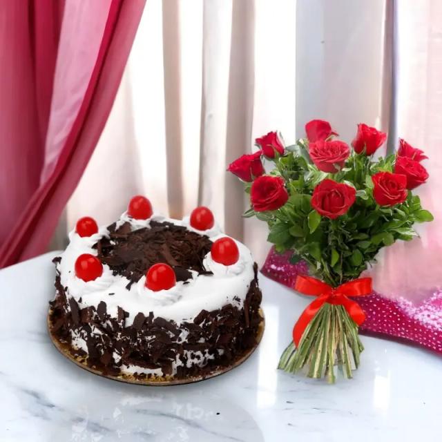 Black Forest Cake with 12 Red Roses