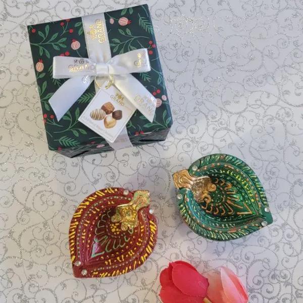 Two Designer Diya With Assorted Belgain Truffles Gift Box