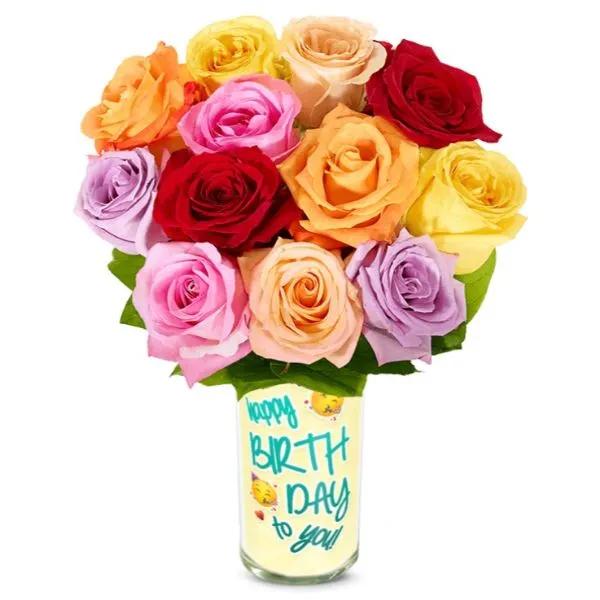 One Dozen Birthday Rainbow Roses
