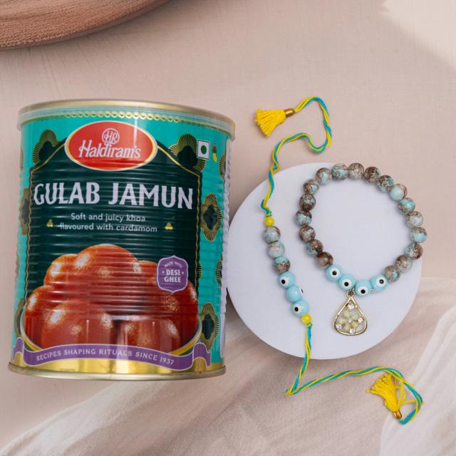 Elegant Evil Eye Bracelet Rakhi with Gulab Jamun Delight