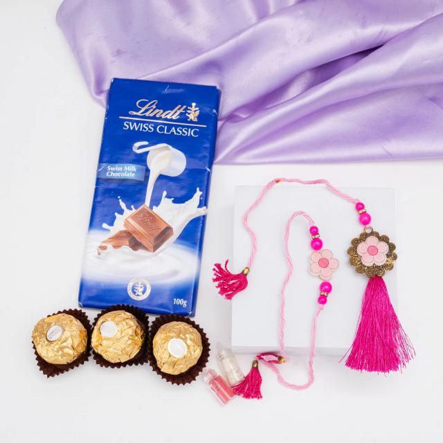 Pink Petal Perfection Rakhi Set with Lindt & Ferrero