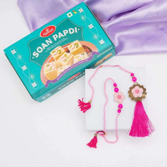 Pink Petal Rakhi Set with Soan Papdi