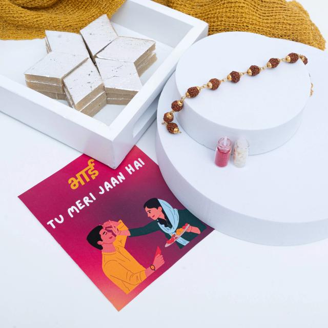 Divine Protection Rudraksha Rakhi Bracelet with Luxurious Kaju Katli Box