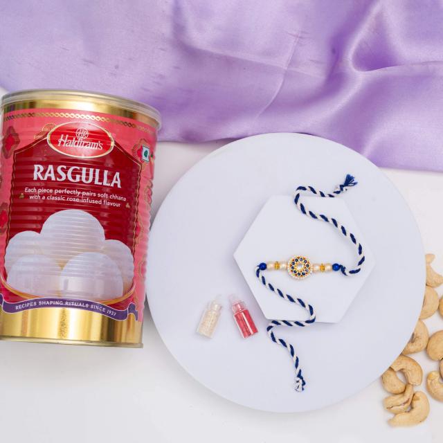 Royal Blue Stone Rakhi and 1kg Rasgulla Box Combo