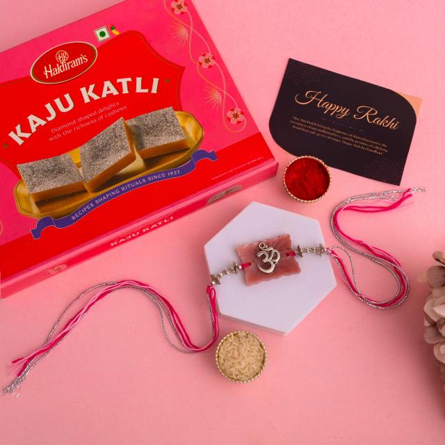 Divine Om Rakhi with Premium Kaju Katli