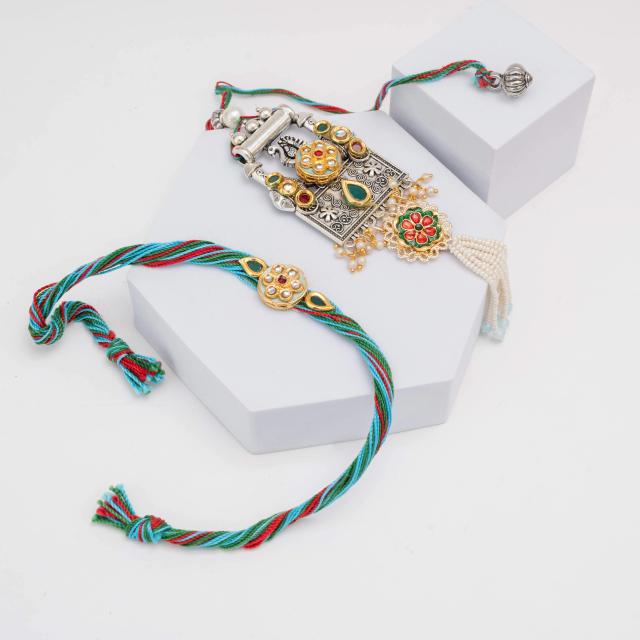 Regal Multicolor Stone & Metal Rakhi Set for Bhaiya Bhabhi