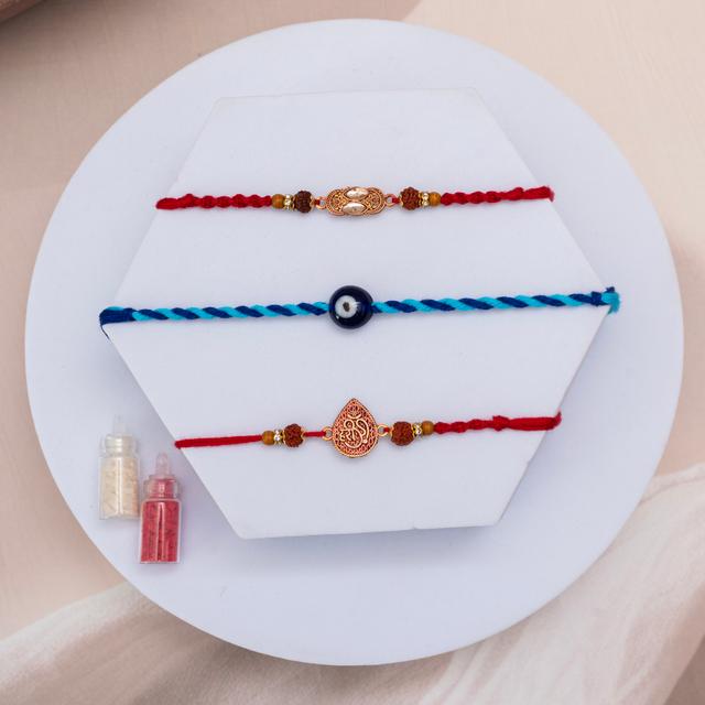 Sacred Trio Rakhi Set with Soan Papdi