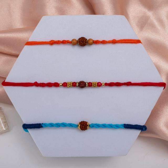 Trio of Sacred Rudraksha Rakhis - Divine Strength Collection