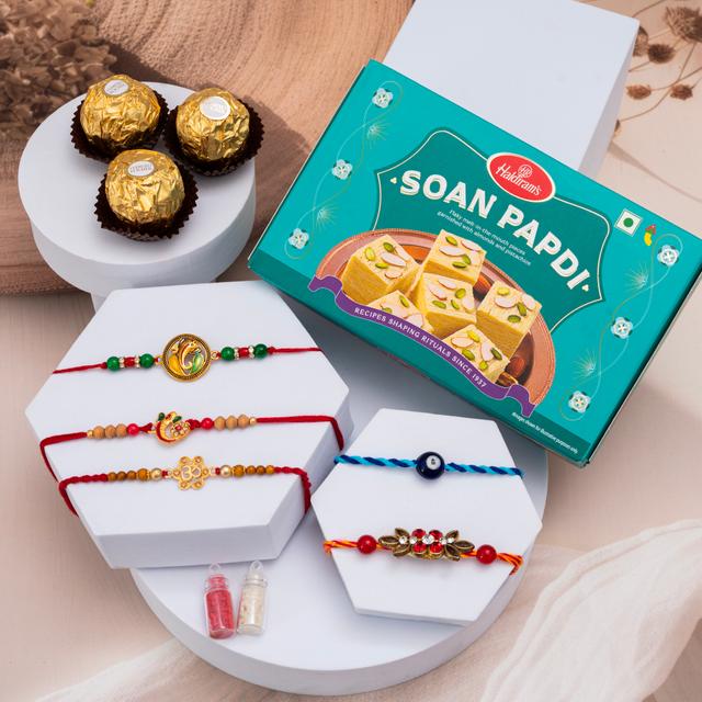 Opulent Rakhi Delight Set with Chocolates & Soan Papdi