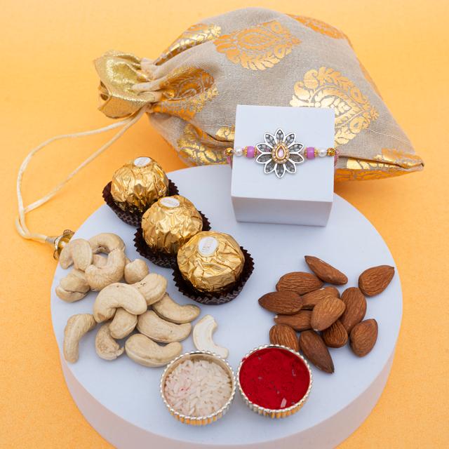 Exquisite Handcrafted Rakhi with Ferrero Rocher, Cashews & Almonds Gift Set