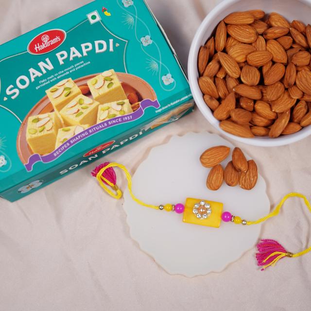 Radiant Stone Rakhi with Soan Papdi & Almonds Delight