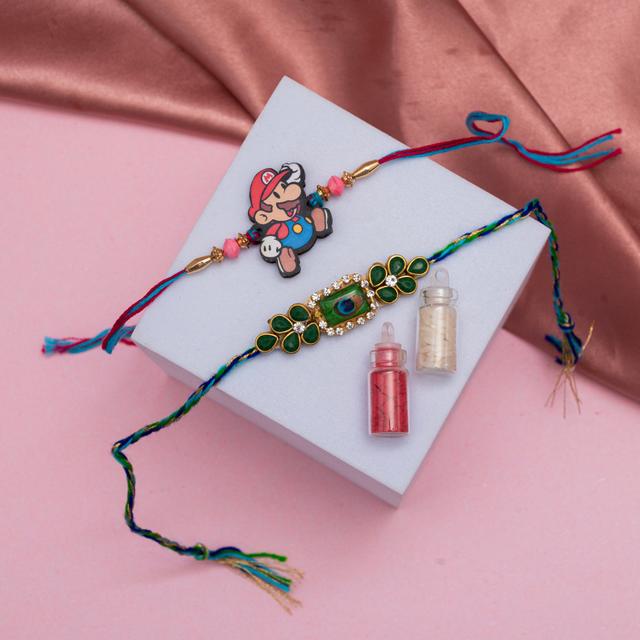 Enchanted Mario & Peacock Rakhi Set
