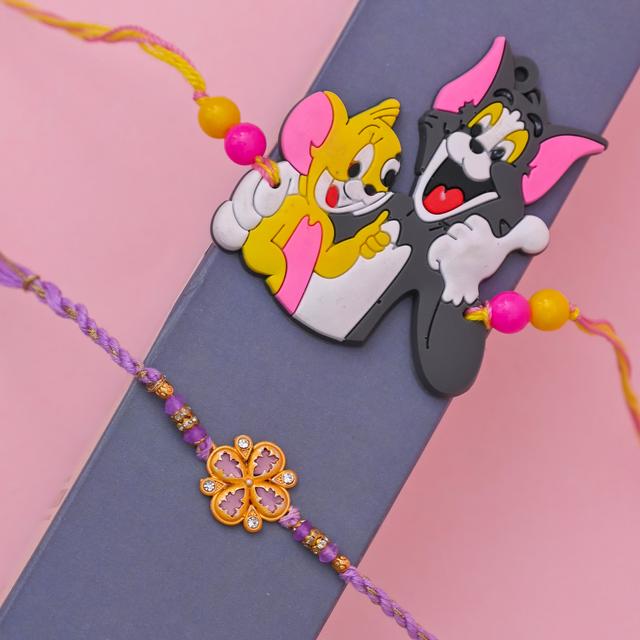 Playful Cartoon Kids Rakhi Set with Elegant Purple Stone Rakhi and Kaju Katli Combo