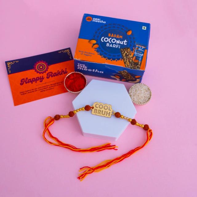 Cool Bruh Acrylic Rakhi with Badam Coconut Barfi