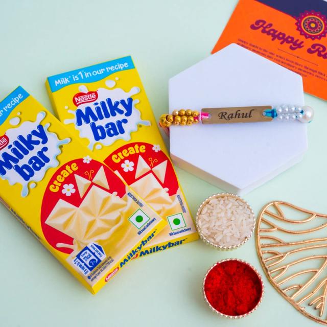 Personalised Name Metal Rakhi with Milky Bar Duo