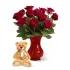 Dozen Red Roses Vase N Teddy