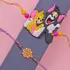 Playful Cartoon Kids Rakhi Set with Elegant Purple Stone Rakhi and Kaju Katli Combo